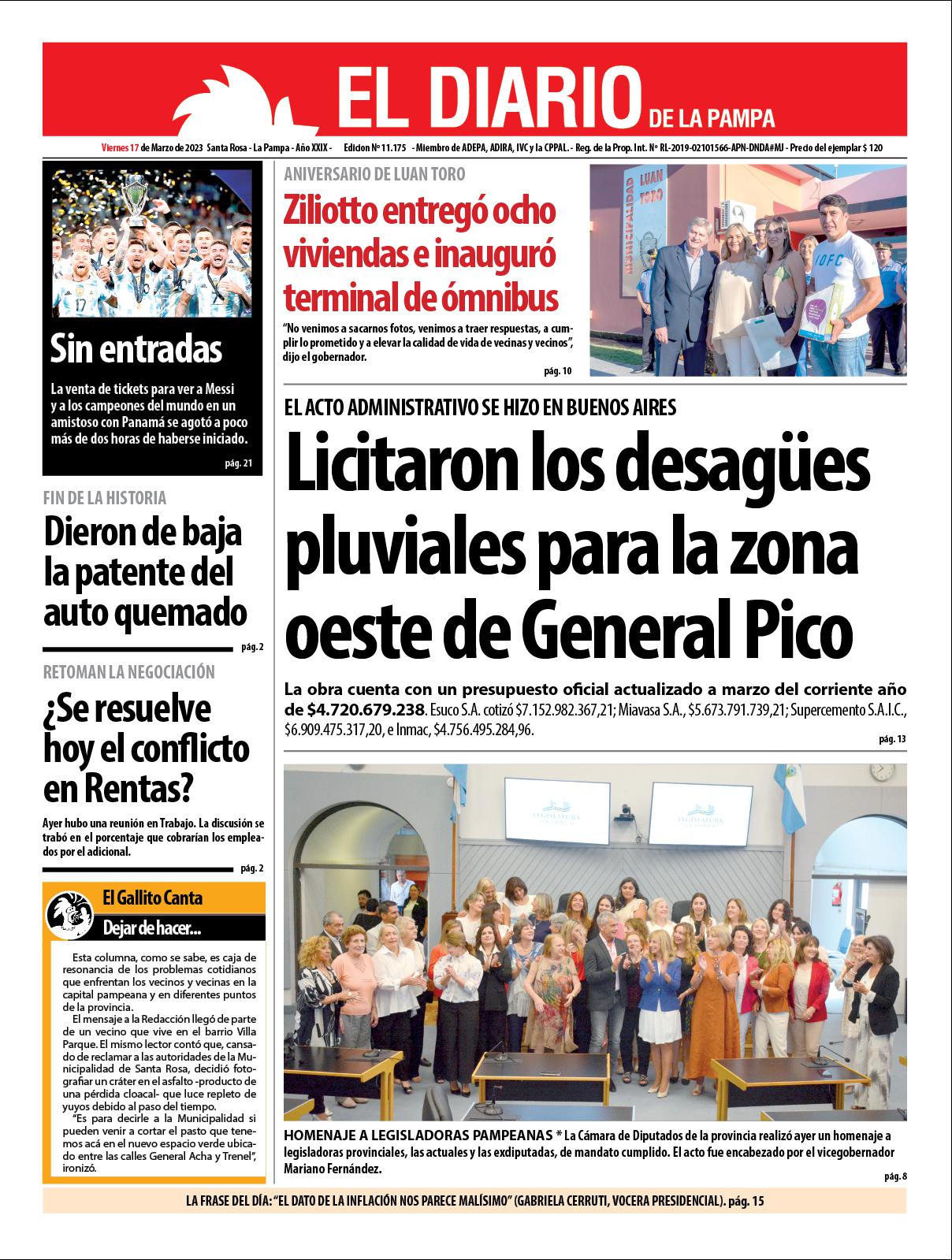 Tapa de El Diario en papel  viernes 17 de marzo de 2023
